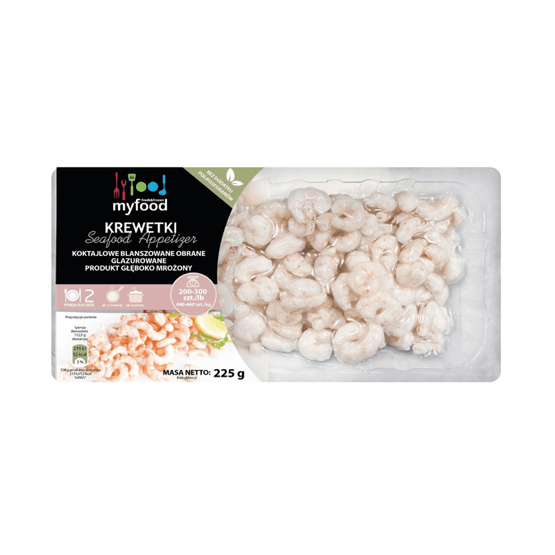 MYFOOD Krewetki koktajlowe obrane z ogonkiem mrozone. 87,51 zl/kg